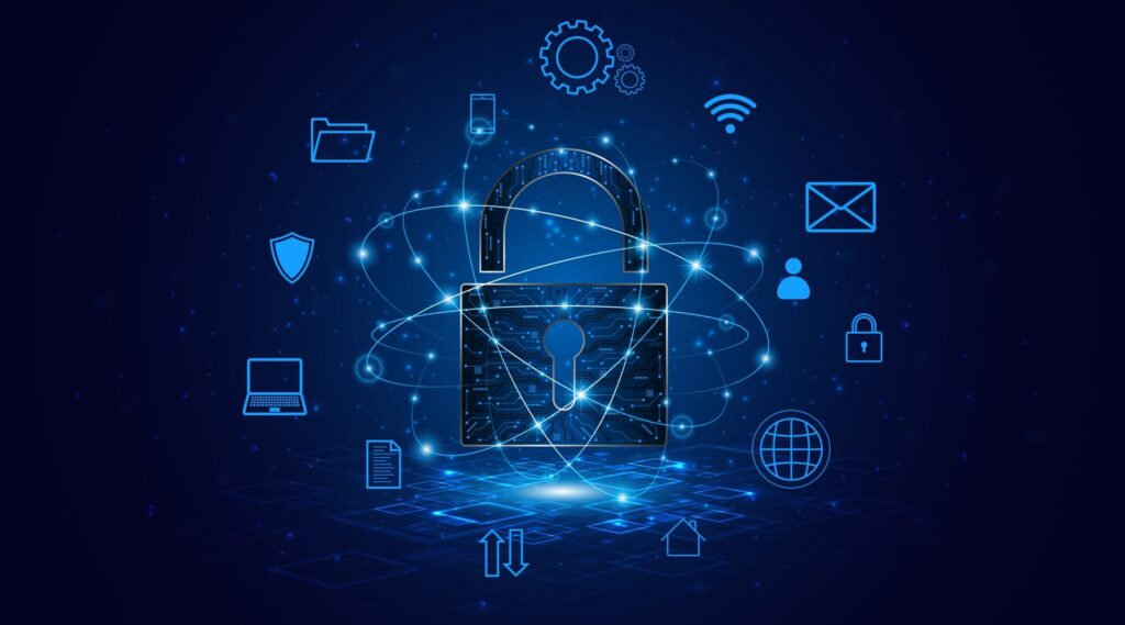 Blue cyber security concept with floating icons around a big lock