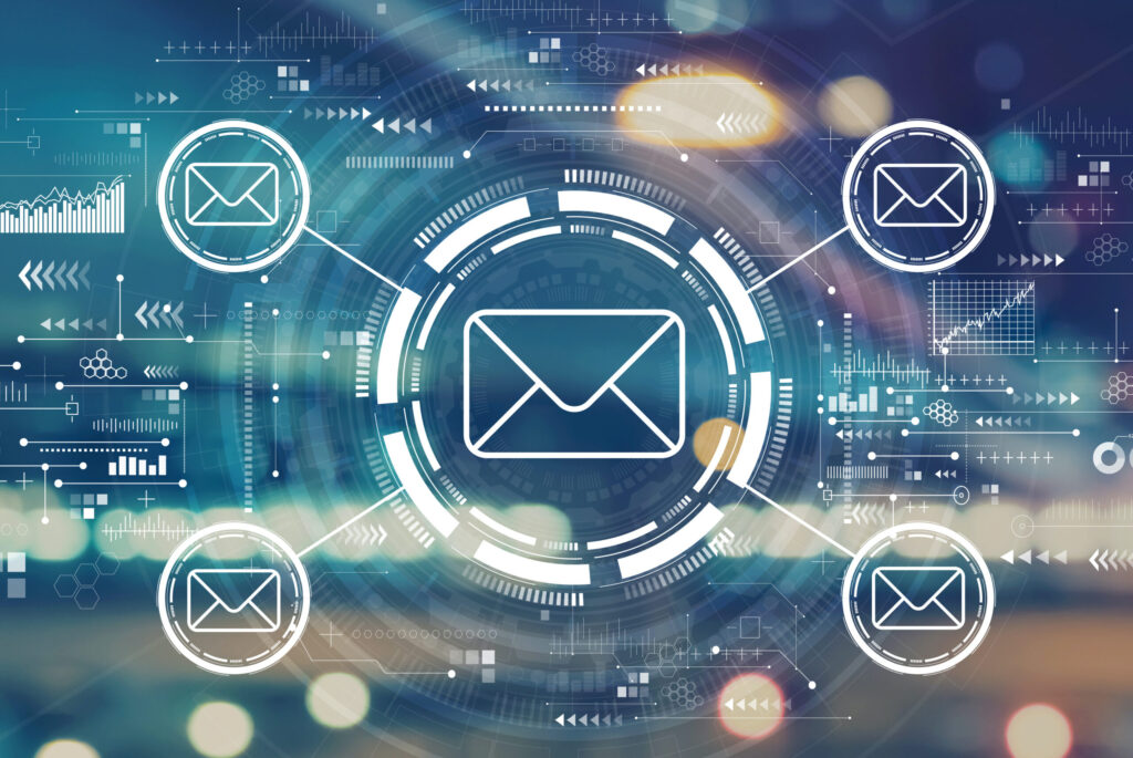 Email concept with blurred city abstract lights background