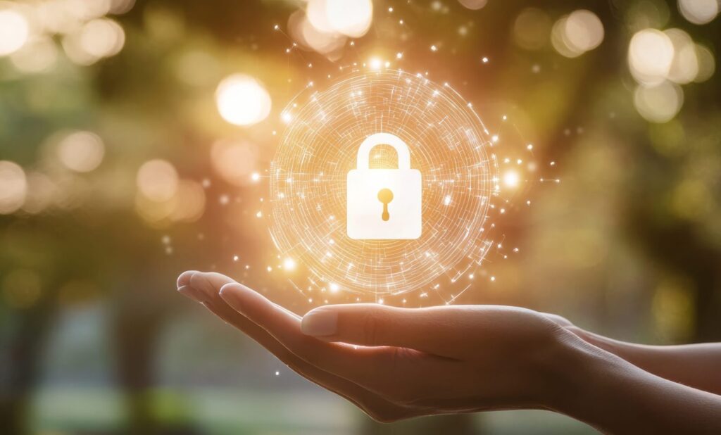 Glowing digital lock icon held in hands in a sunlit park, symbolizing online security and data protection. Ideal for secure technology and privacy-focused visuals