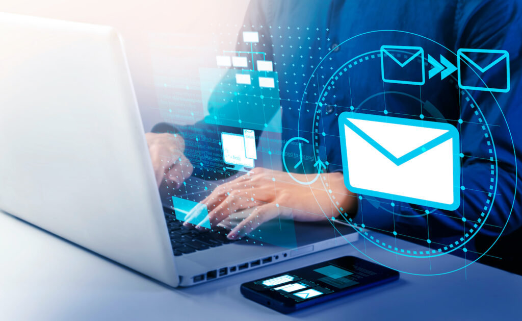 Businessman use email to receive and send business information, storage systems and use of communication technology.