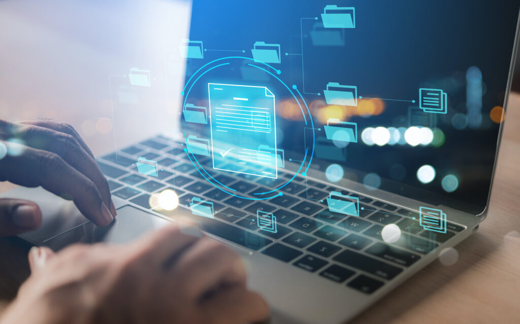 business man holding virtual files and folders diagram , manage digital files document with Global Internet connection. Business global internet connection application technology and access information, database, storage, Digital link tech, big data