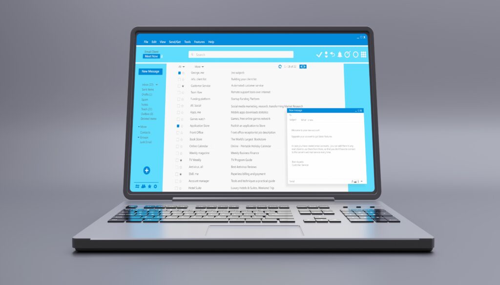 Client mail list on computer laptop screen. Email message communication.