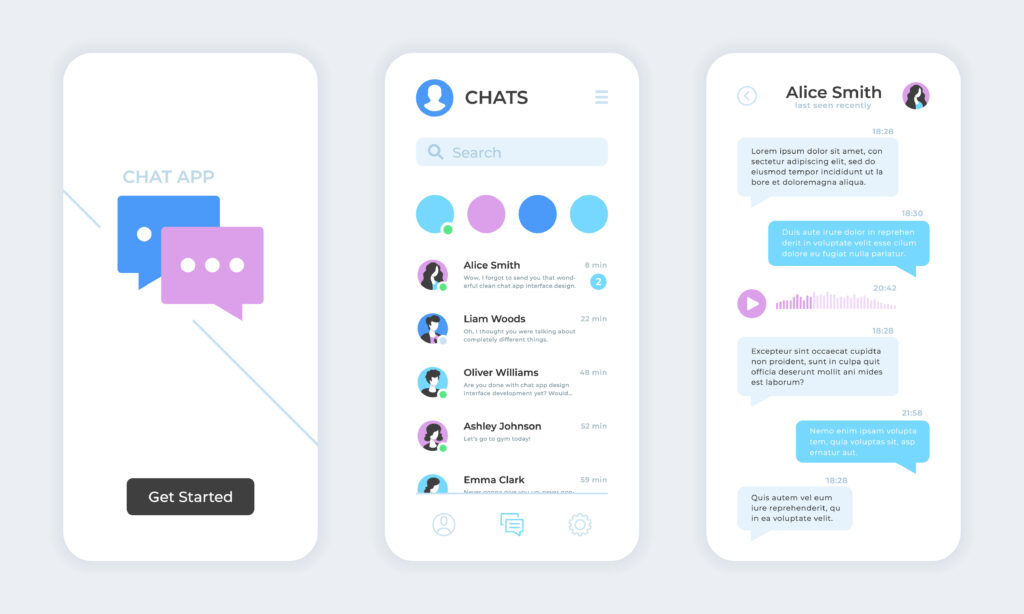  Chat app. Text messaging mobile application UI. Online messaging, live chat app mockup, templates set. Vector concept