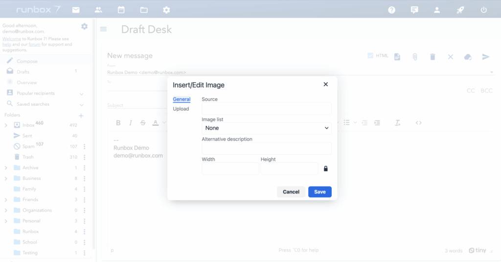 Runbox 7 Insert edit image file screen