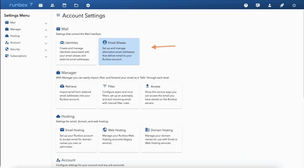 Runbox 7 account settings email aliases