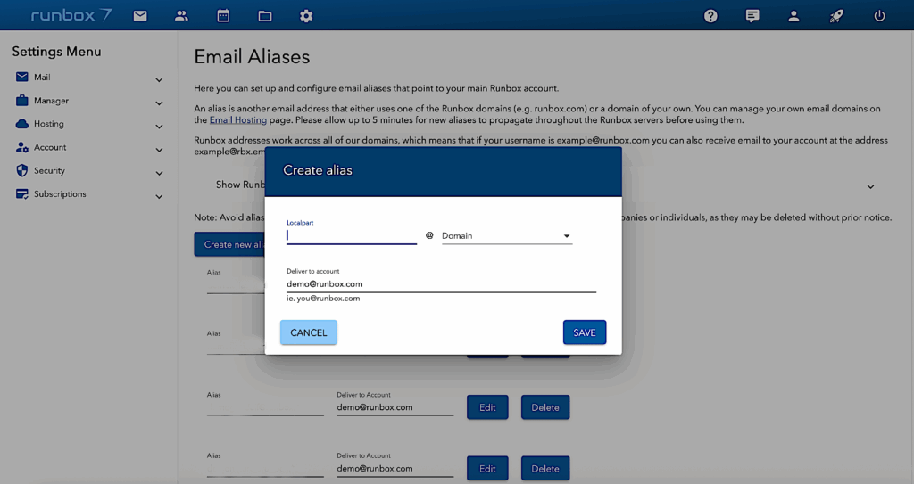 Runbox 7 add email alias page