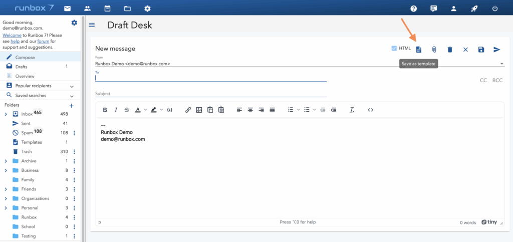 Runbox 7 save draft as template