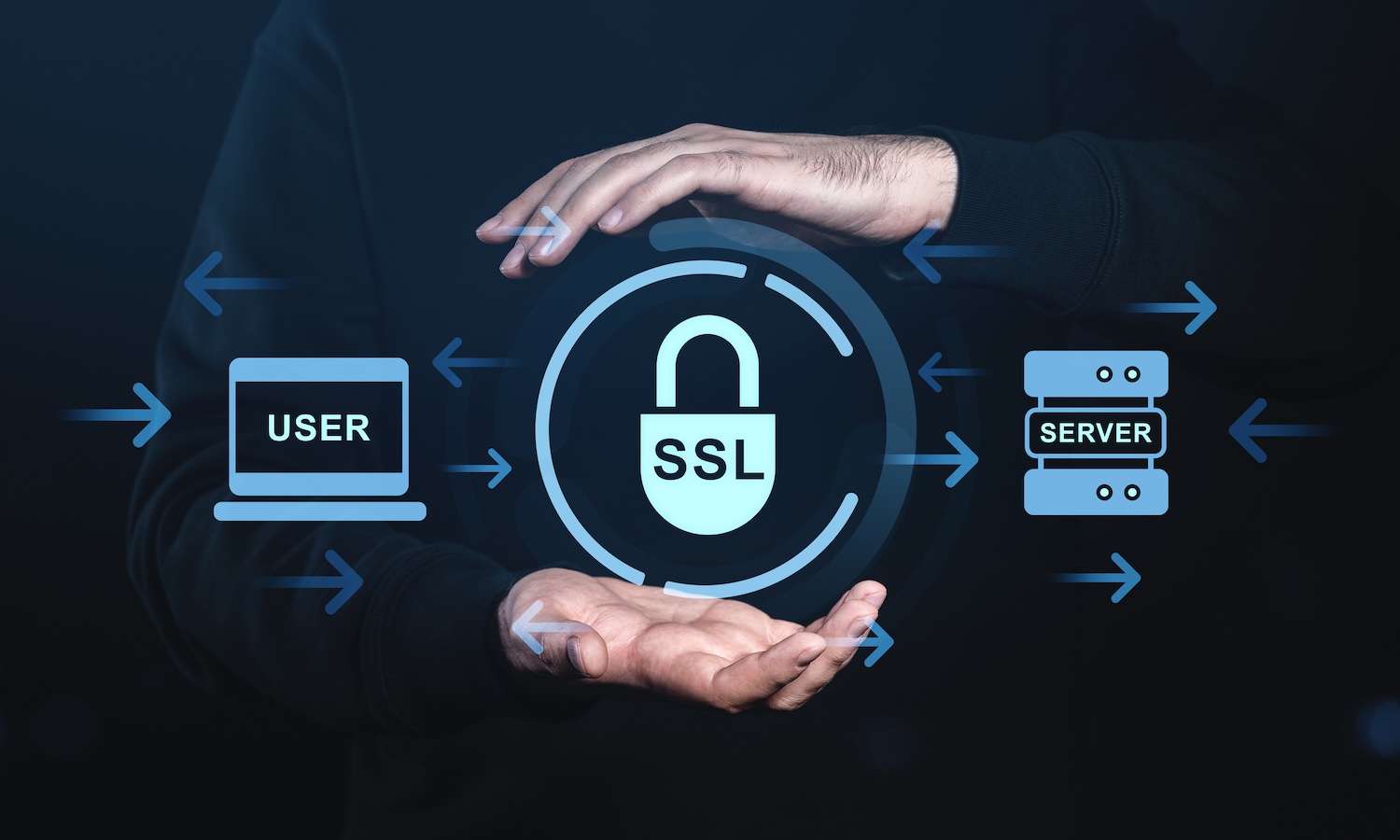 SSL security concept with user server connection and lock icon on dark background.