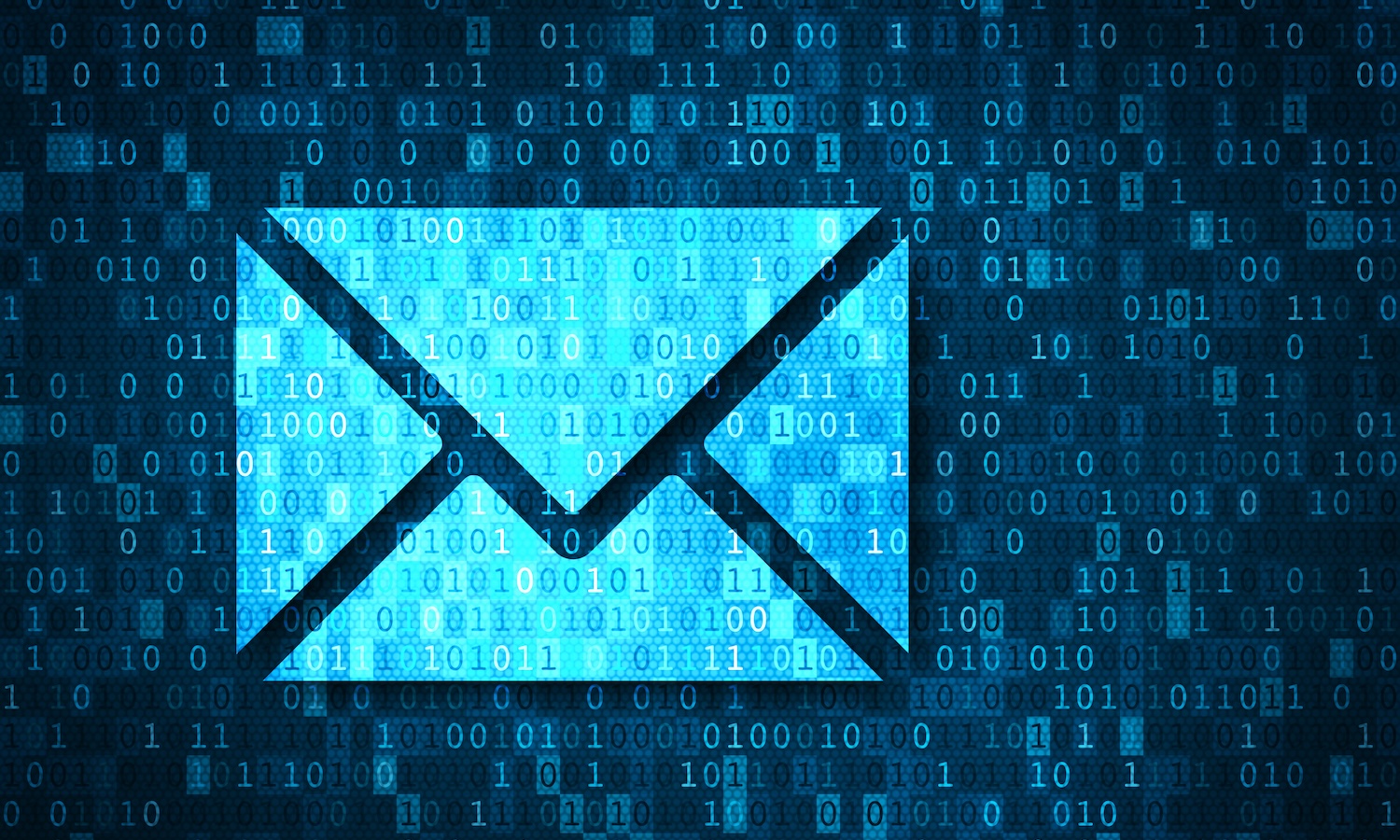 Email and cyber security concept. Phishing, hacking, virus and account theft dangers. Illustration with blue e mail icon and binary code background.