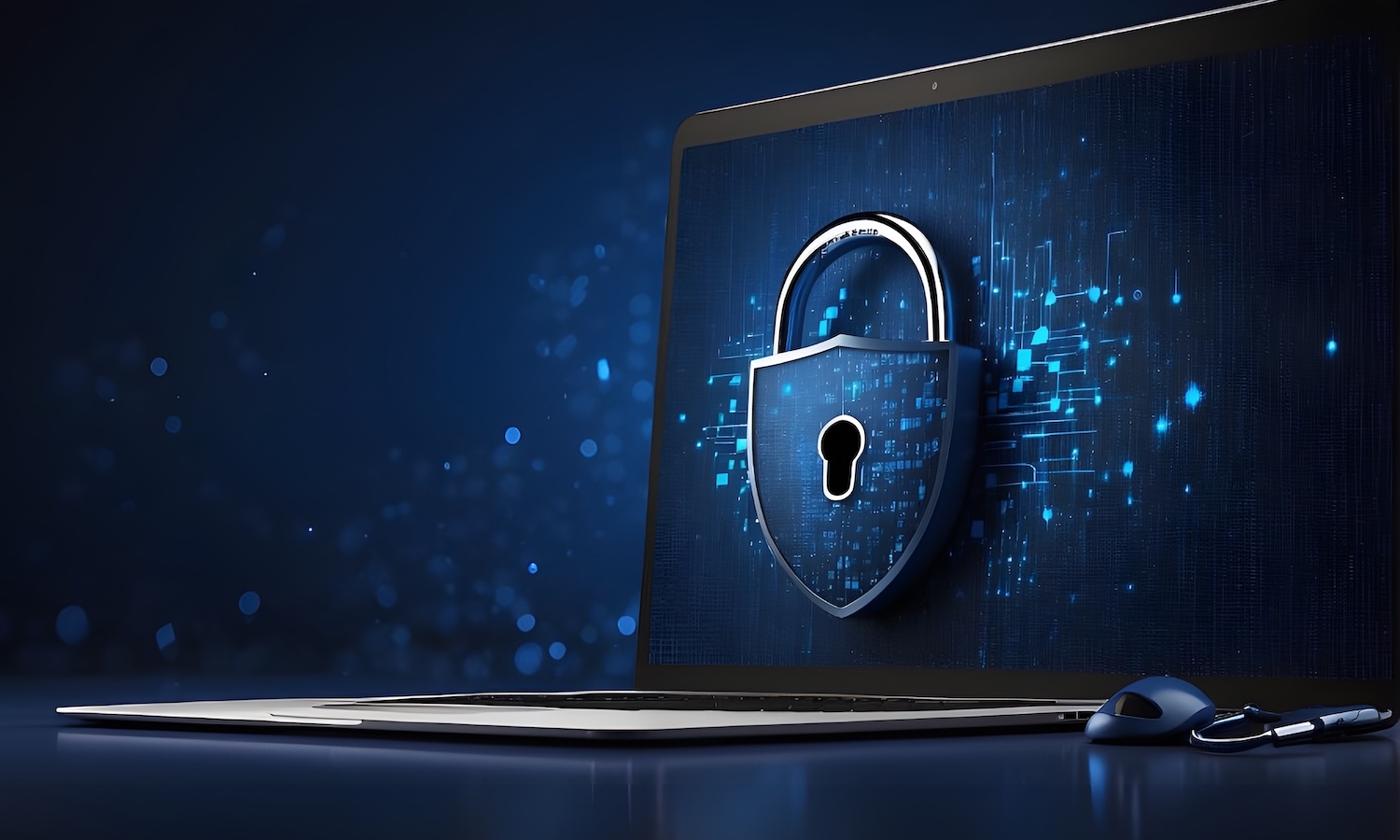 Dark blue backdrop with digital padlock for computer system, cyber security technology for preventing fraud, and privacy data network protection idea