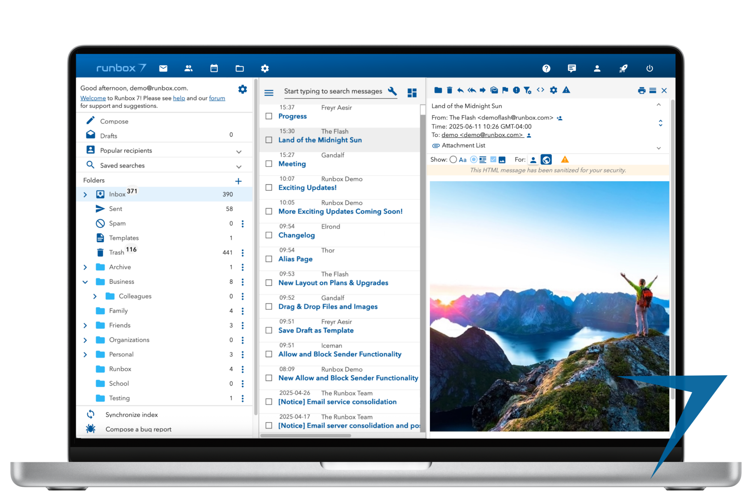 Runbox 7 Webmail Laptop with webmail and email open with image Land of the Midnight Sun 