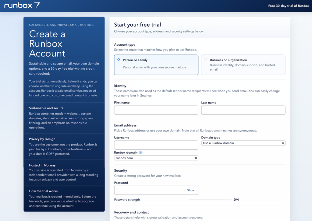 New Runbox Signup page