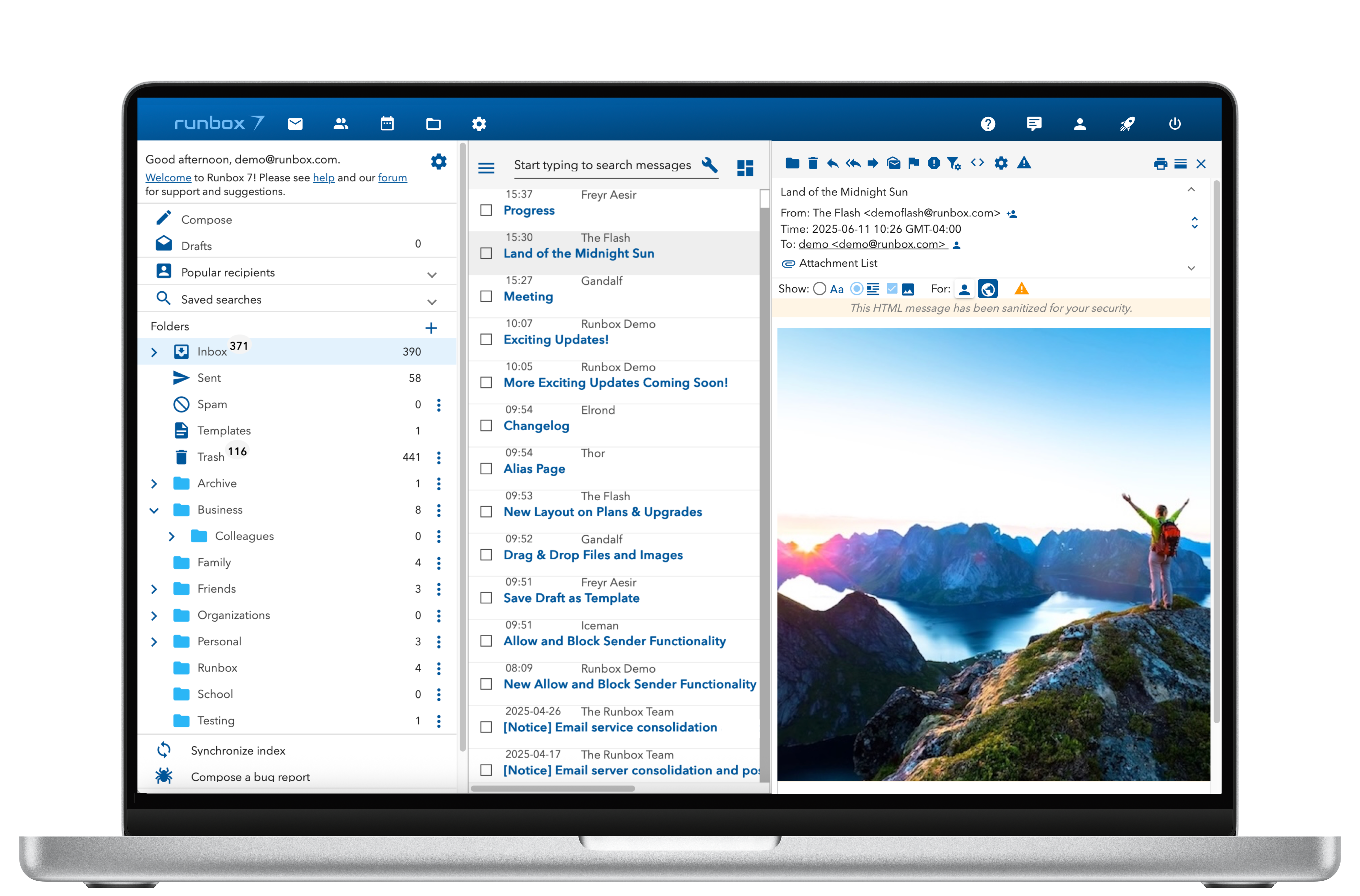 Runbox 7 Interface with email message list and email open with image of Norwegian Mountains and sunset - Land of the Midnight Sun