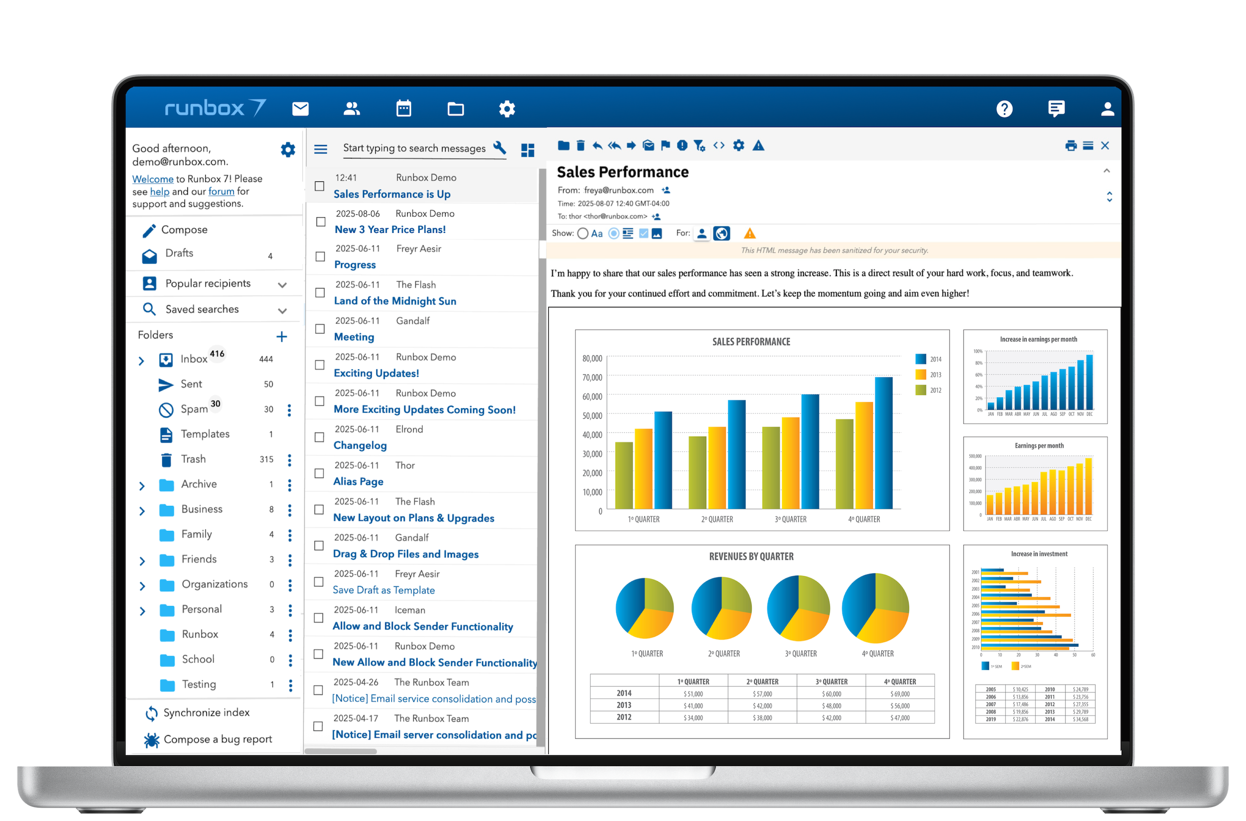 Runbox 7 email app open on a laptop showing business sales performance email
