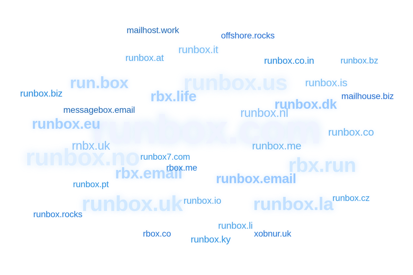 Runbox domains Domain names available at Runbox image showing Runbox domain names in light colors on transparent background.