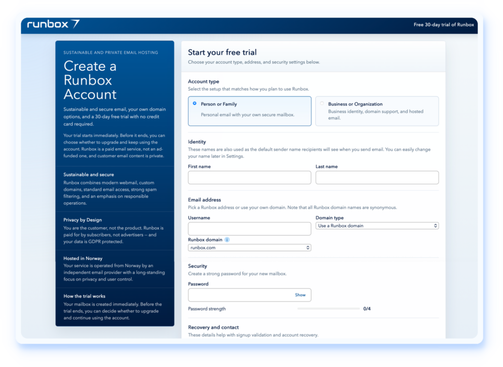 Sign up page Runbox