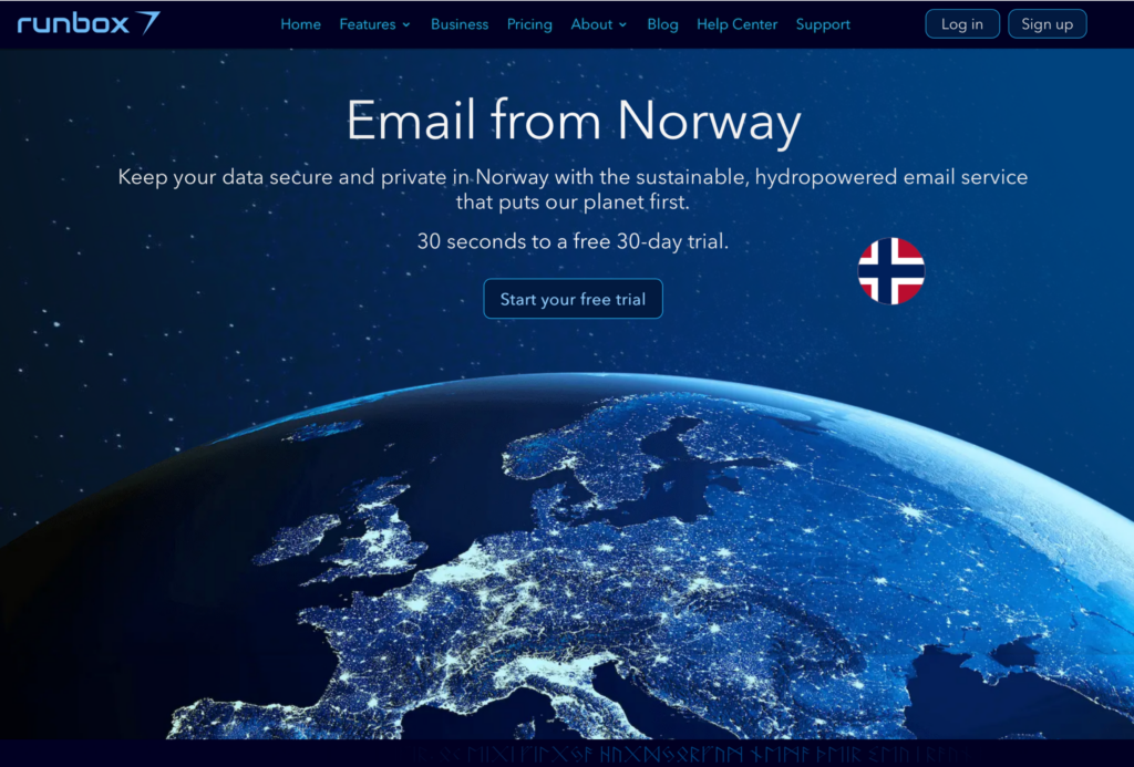 Email from Norway Runbox email hosted in Norway homepage shows the globe at night against starry background and moon as Norwegian flag moving acroos the sky