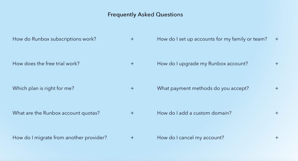 Frequently Asked Questions Runbox Pricing page