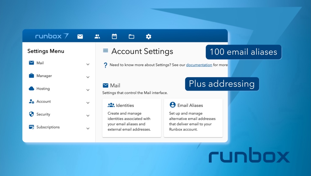 Identity Management Runbox Identity Management Runbox, image shows Runbox identity management settings and logo