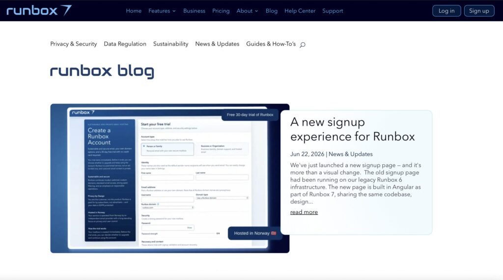 Runbox Blog shows latest post blog menu and logo