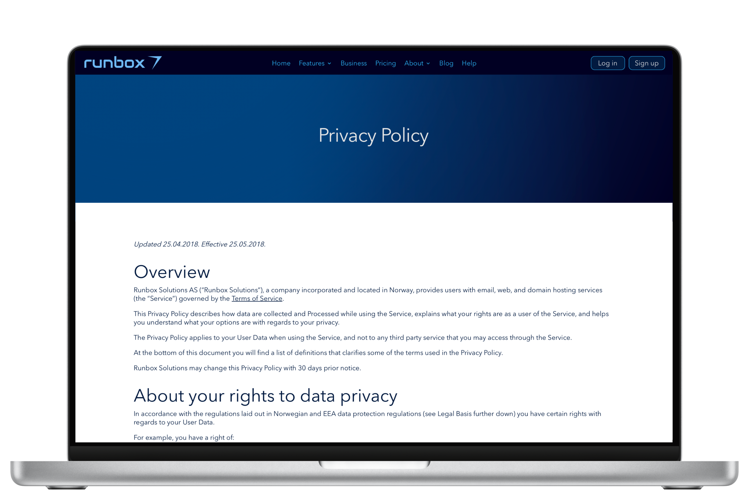 Runbox Privacy Policy Runbox Privacy Policy on a laptop screen