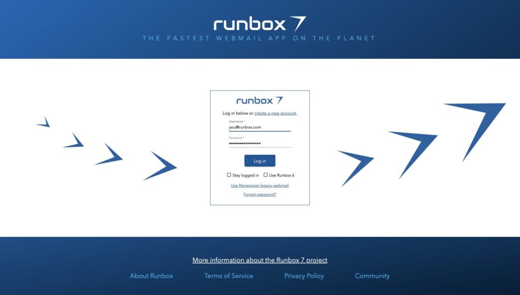 Runbox login page shows options for Runbox 7, Runbox 6 and runbox.no login options