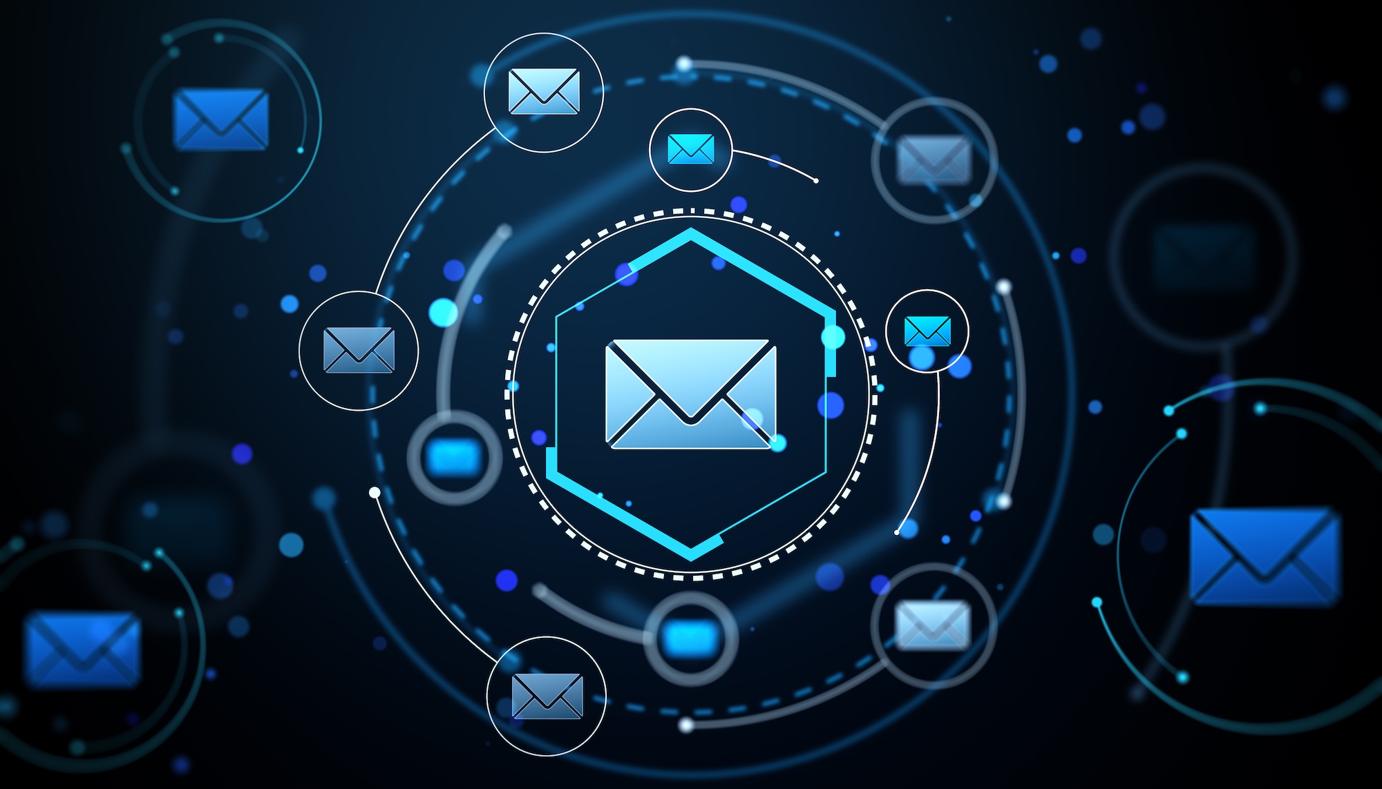 Decentralized email blue email symbols floating in circles on a dark blue background