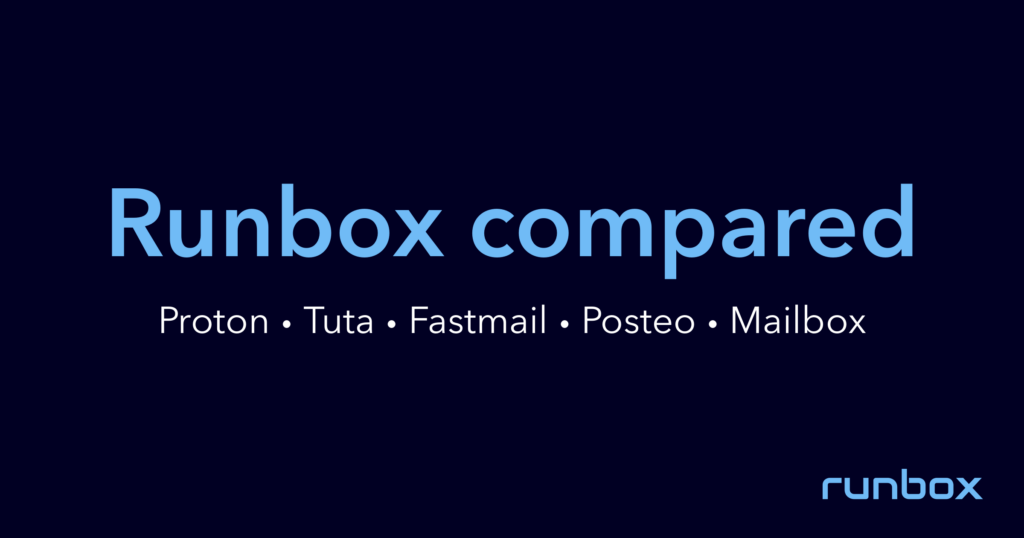 Runbox compared to other privacy focused email providers on a dark blue background