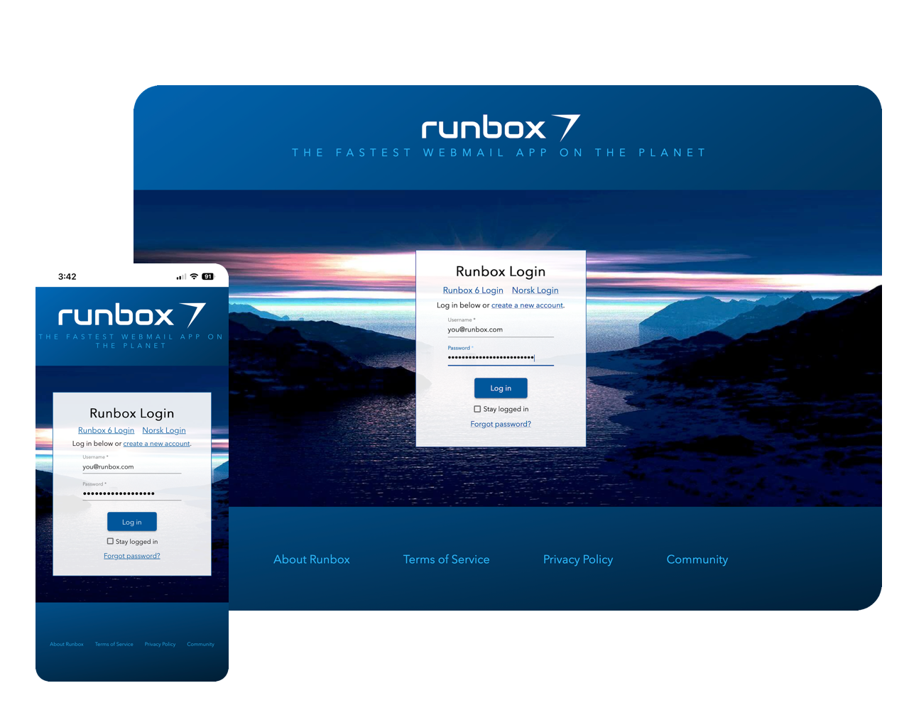 Runbox 7 desktop and mobile login screens Runbox 7 desktop and mobile login screens